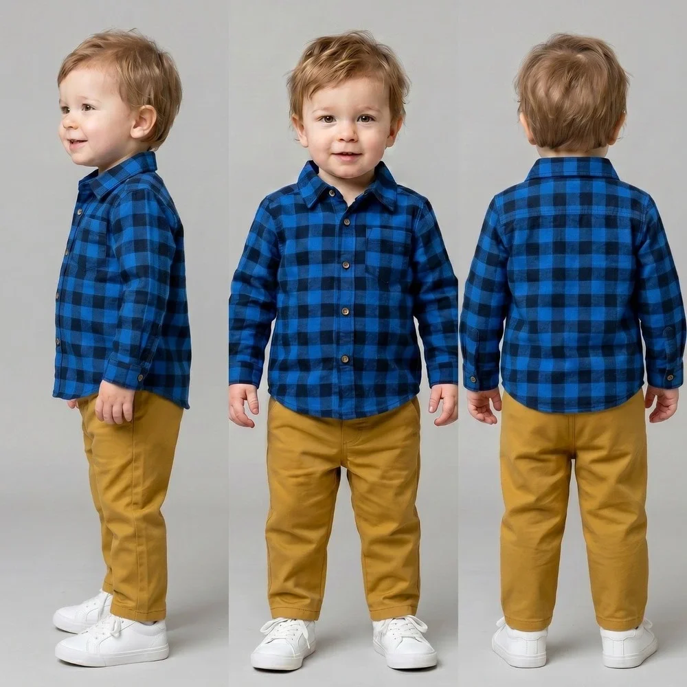 Carters Baby Boys Brown Pants & Long Sleeve Plaid Blue Shirt Outfit Set 12Months